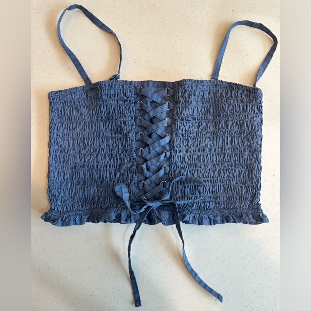 American Eagle Women Size Medium Blue Smocked Lace Up Adjustable Strap Crop Top